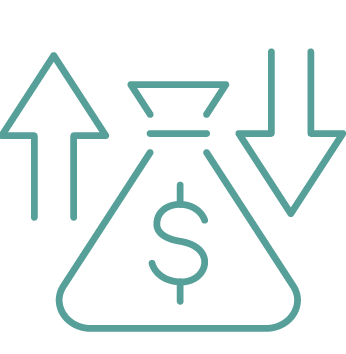 Icon of a money bag with a dollar sign, flanked by up and down arrows indicating financial change or fluctuation.