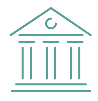 Outline of a classical building with columns and a triangular pediment, resembling a government or institutional structure.