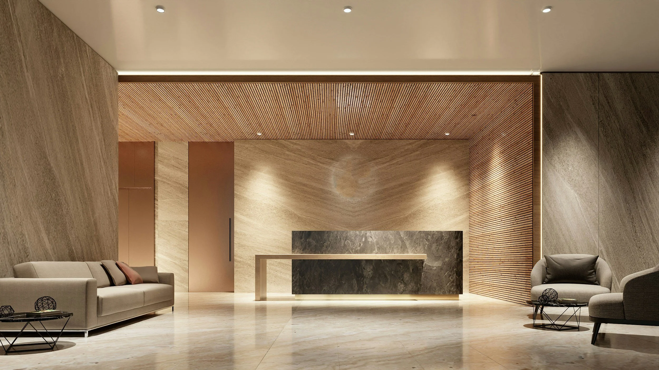 Modern hotel lobby with beige marble flooring, wooden wall panels, and a marble reception desk. There are two sofas with cushions, side tables, and a sleek wooden ceiling with small recessed lighting.