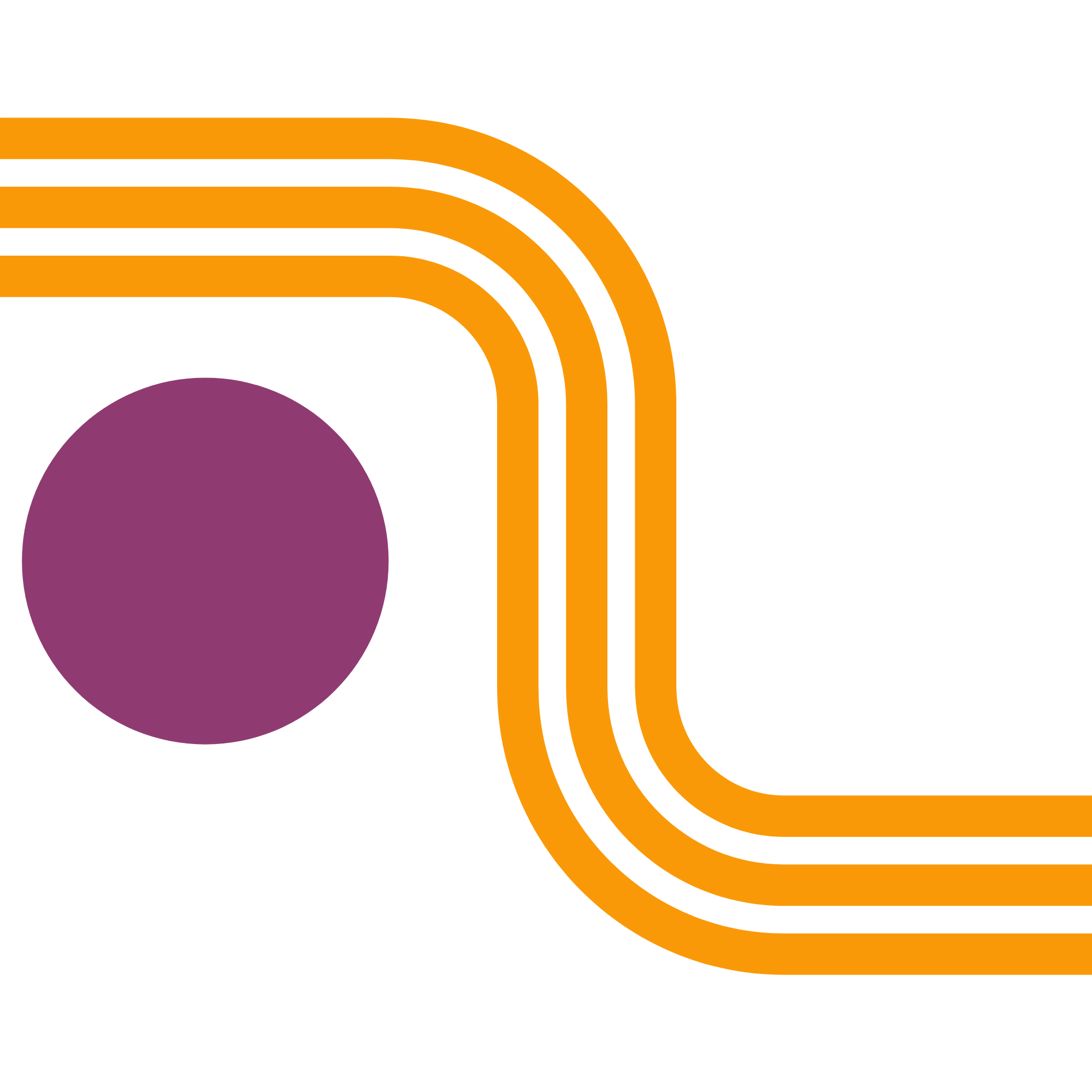 Retro style black background with orange lines forming a rounded corner design and a purple circle on the left side.
