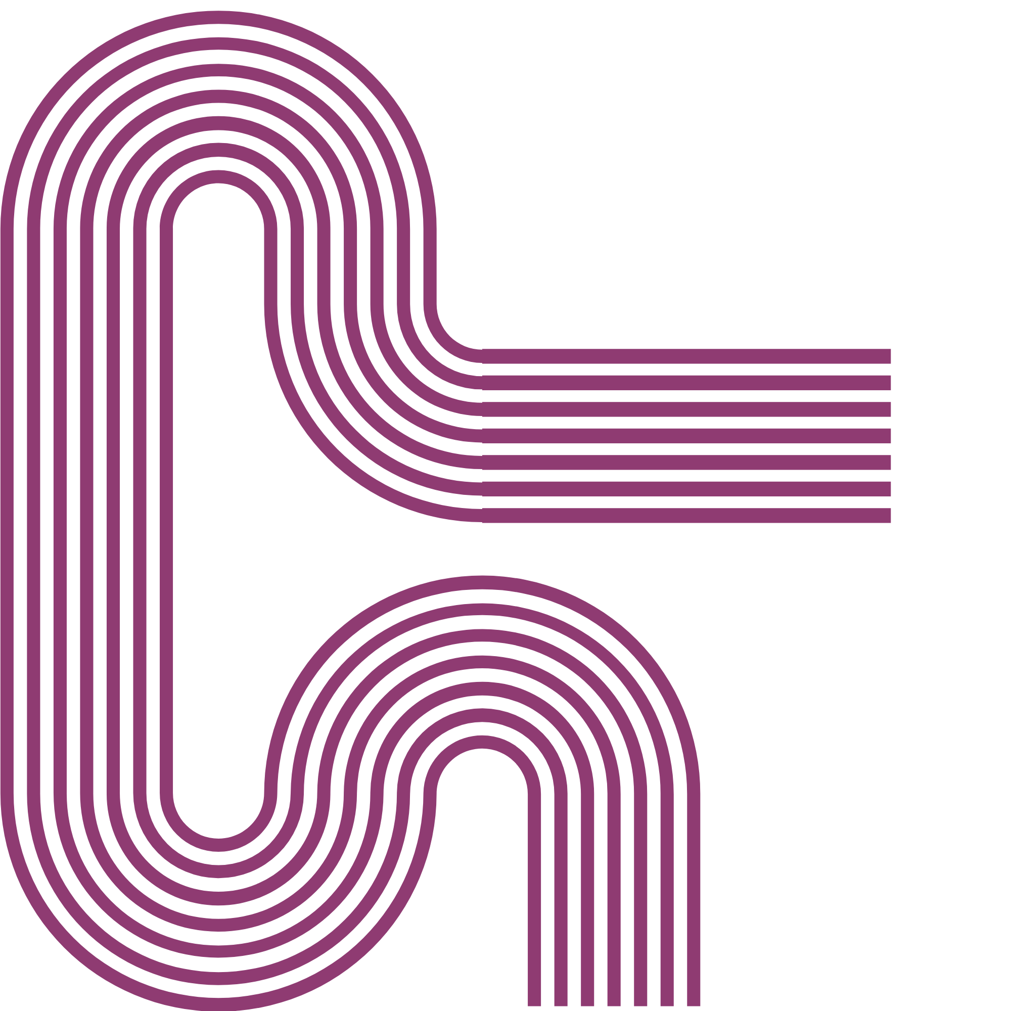A modern graphic design featuring purple, continuous, curved lines on a black background forming abstract shapes.
