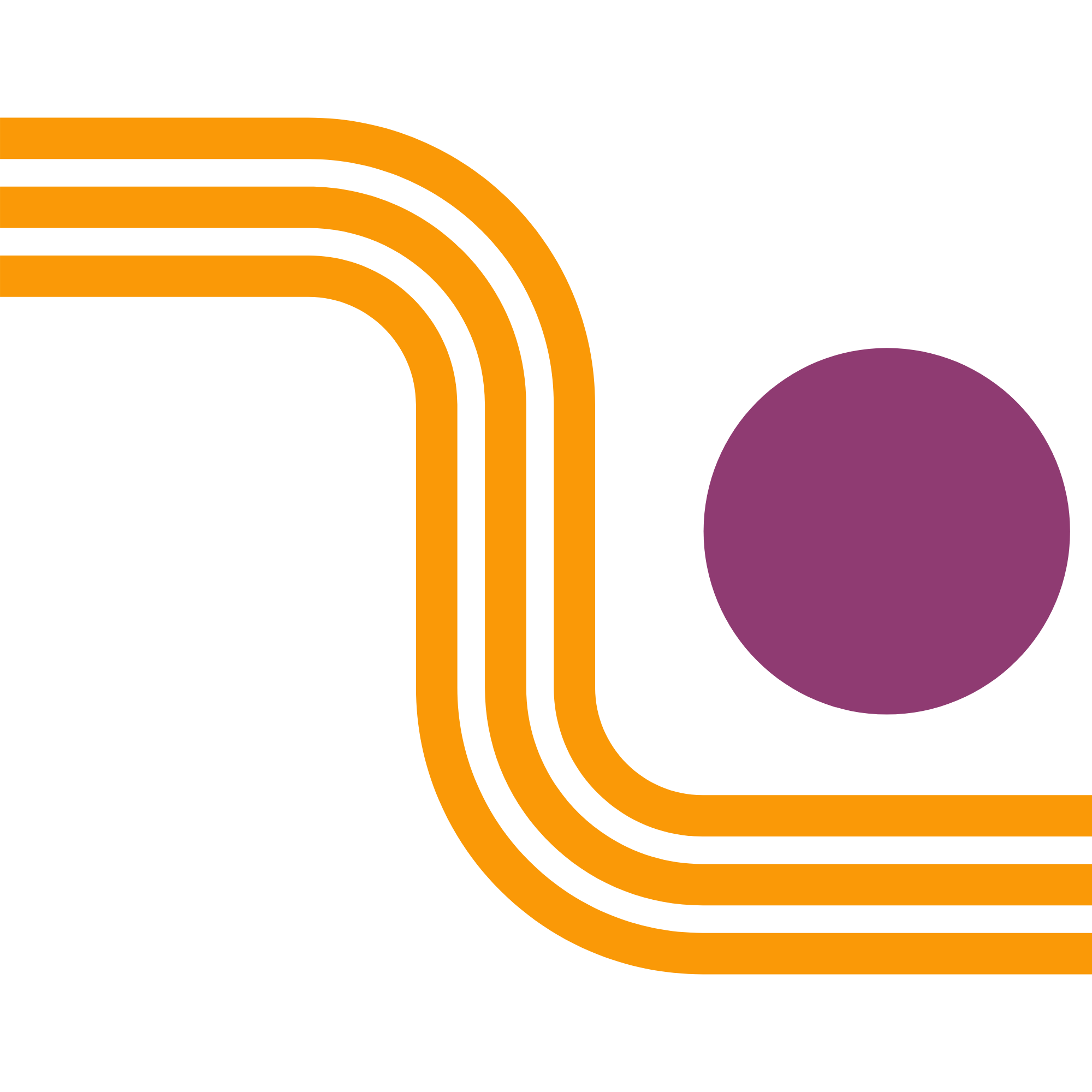 A graphic design with orange lines forming a curved path and a purple circle on a black background.