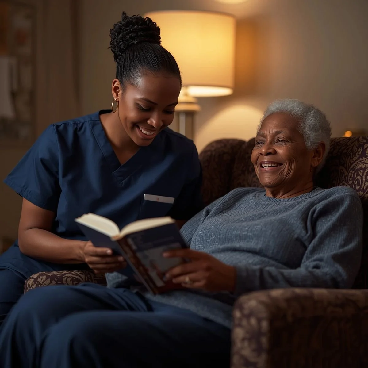 A caregiver in blue scrubs happily reading a book with an elderly woman on a couch in a warmly lit room.