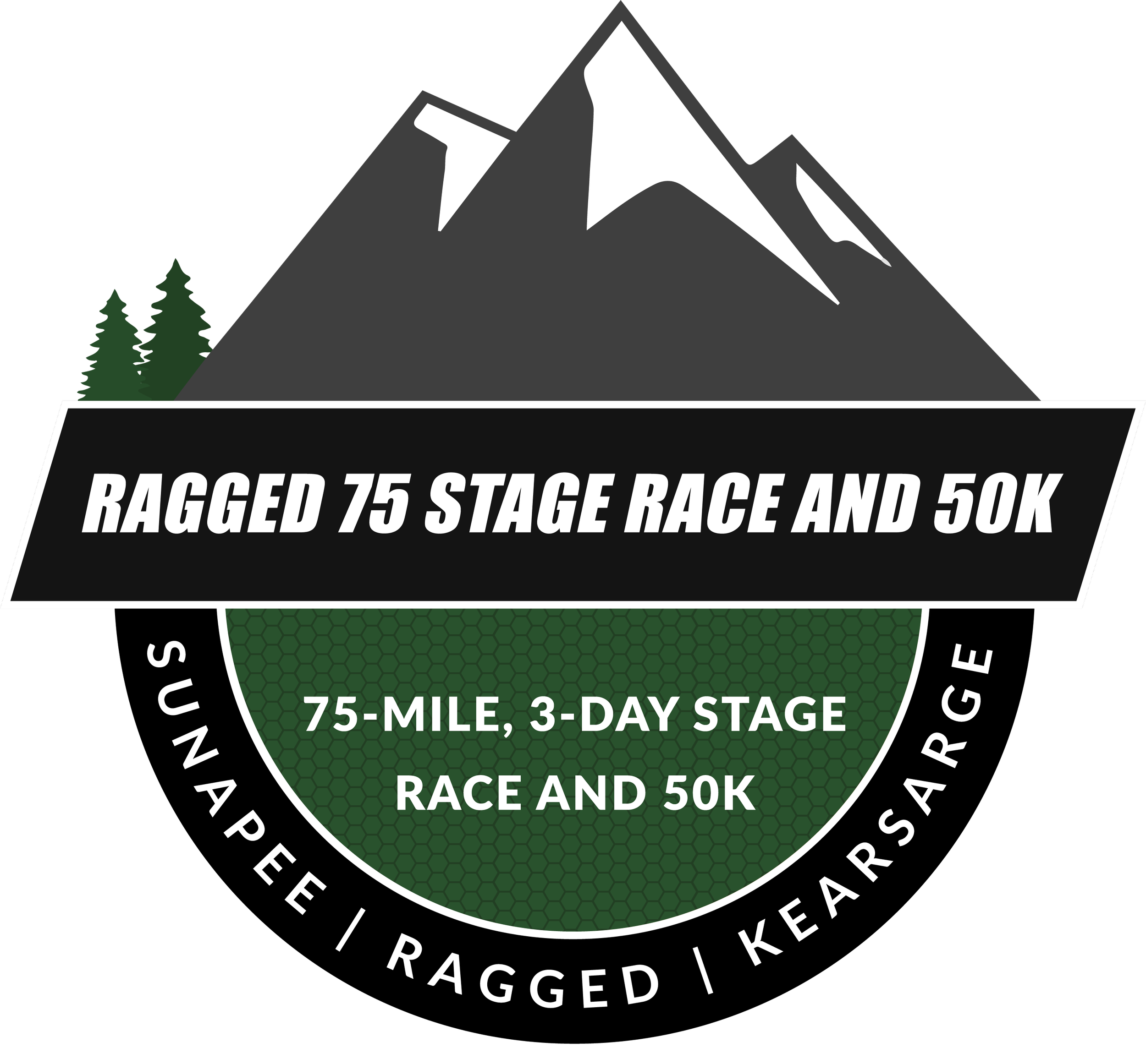 Logo for Ragged 75 Stage Race and 50K featuring a mountain with snow caps, green trees, and text indicating a 75-mile, 3-day race and 50K race, with event locations Sunapee, Ragged, and Kearsarge.