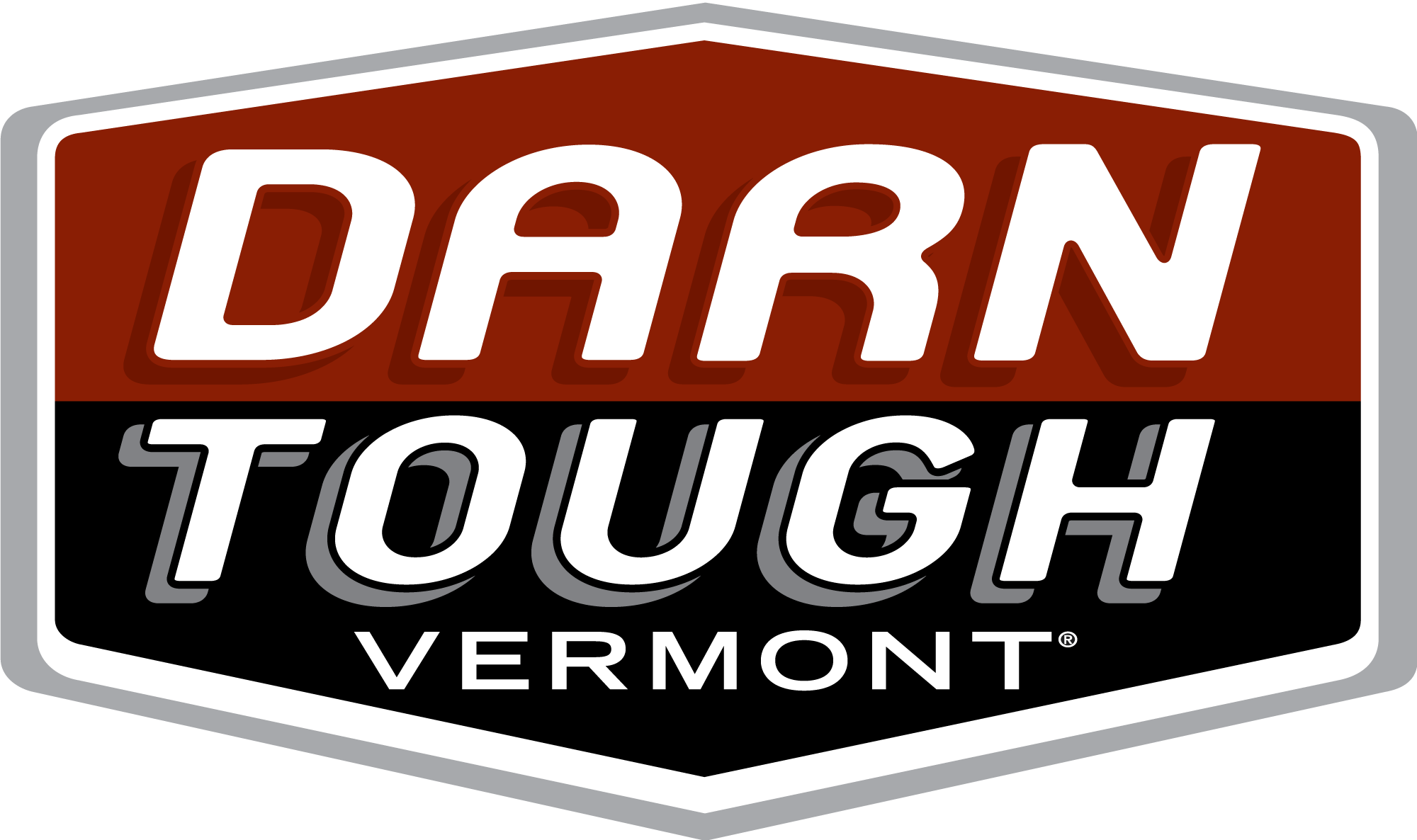 A sticker with the words "Darn Tough Vermont" in bold letters, red and black background with a gray border.