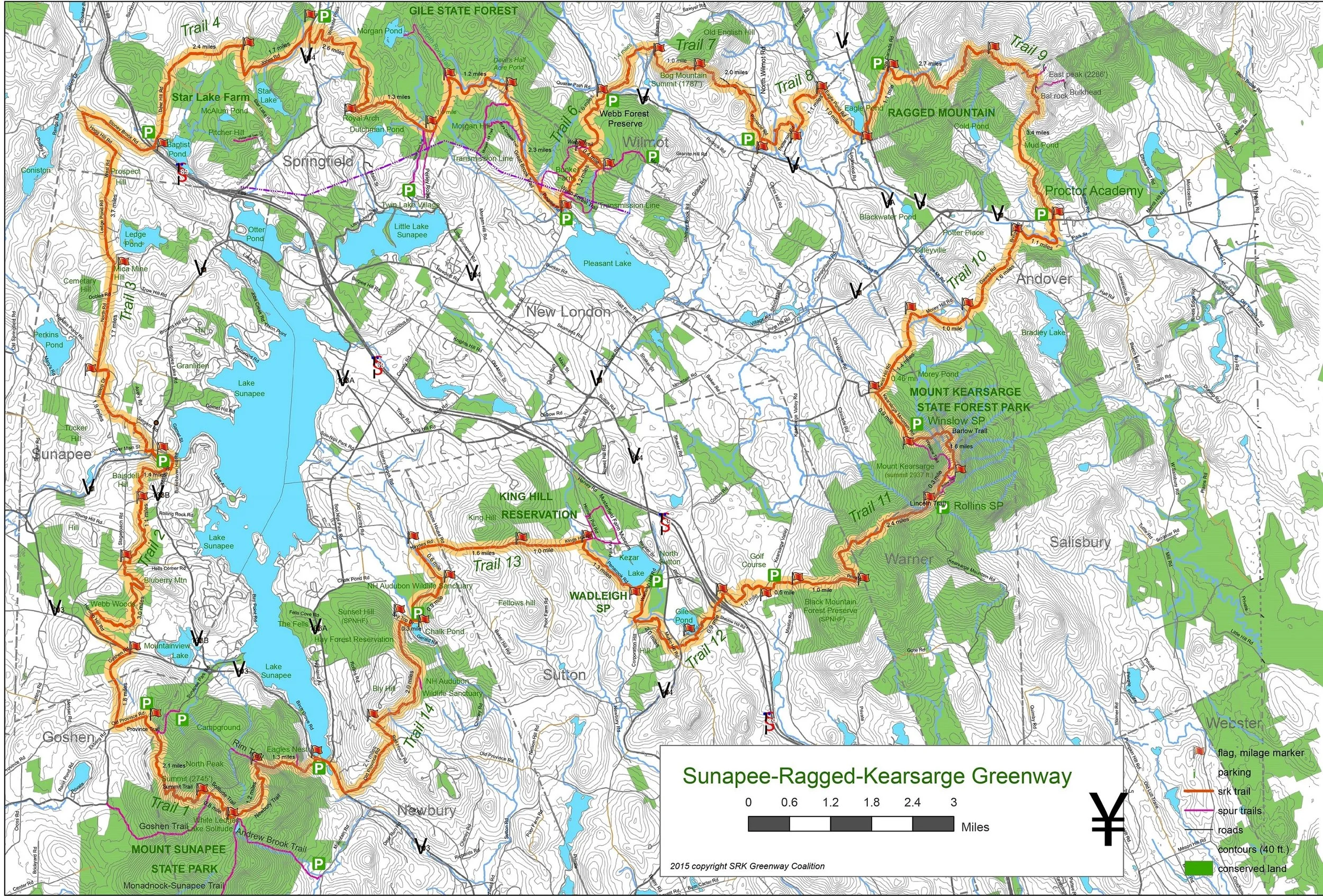 Map of the Sunapee-Ragged-Kearsarge Greenway showing trails, parks, lakes, and points of interest in New Hampshire, with marked parking areas.