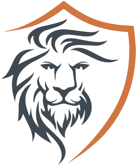 Ein detailliertes Logo mit einem Löwenkopf, umgeben von einem Schildumriss in braun.