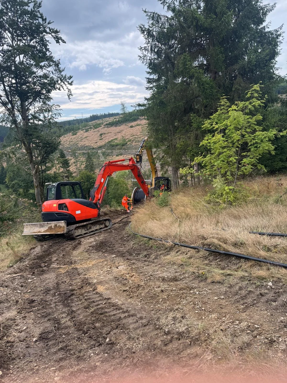 Bauarbeiten im Grünen mit Erdbohrmaschine und Arbeitern in Sicherheitskleidung.