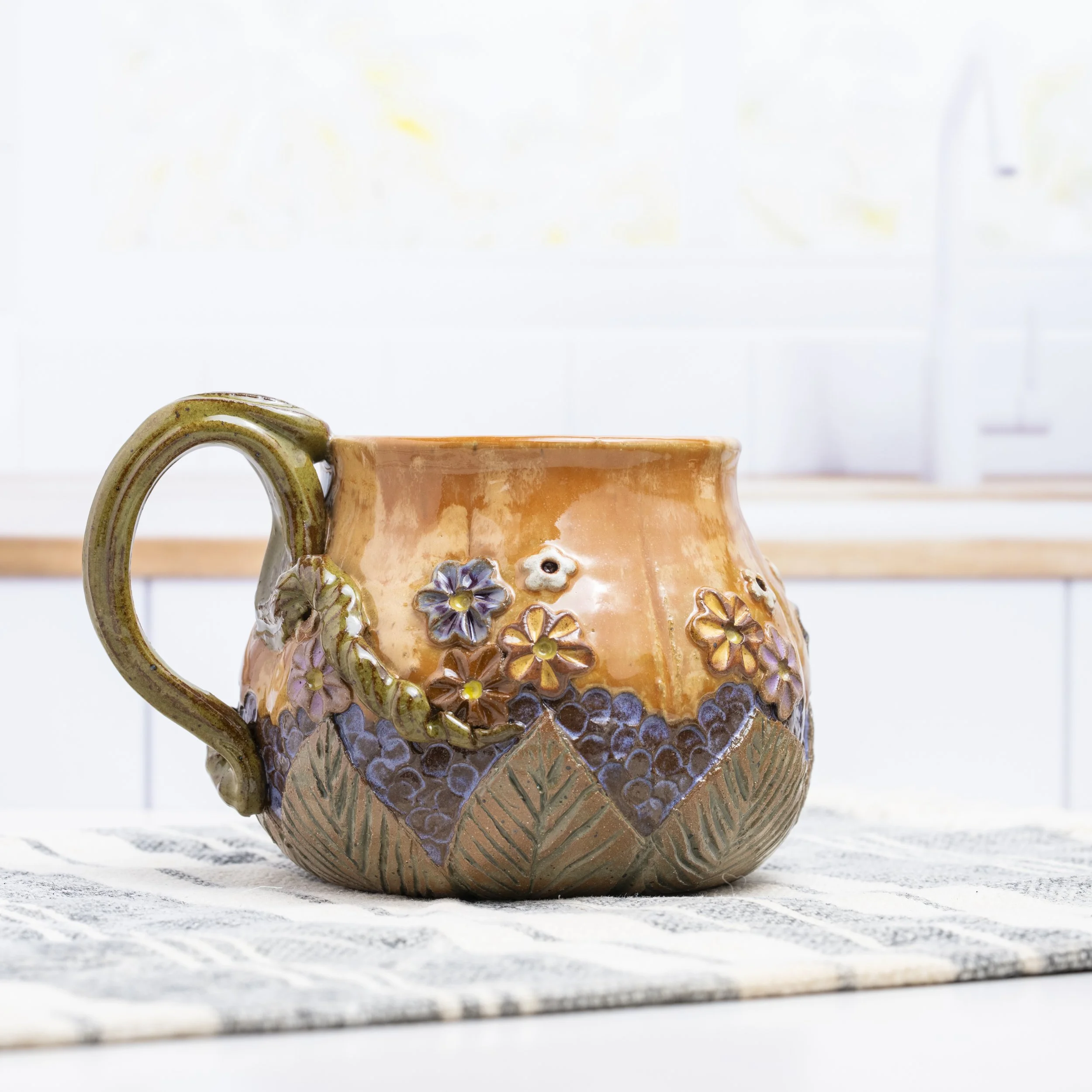 Fall Pumpkin and Hydrangea handmade pottery mug