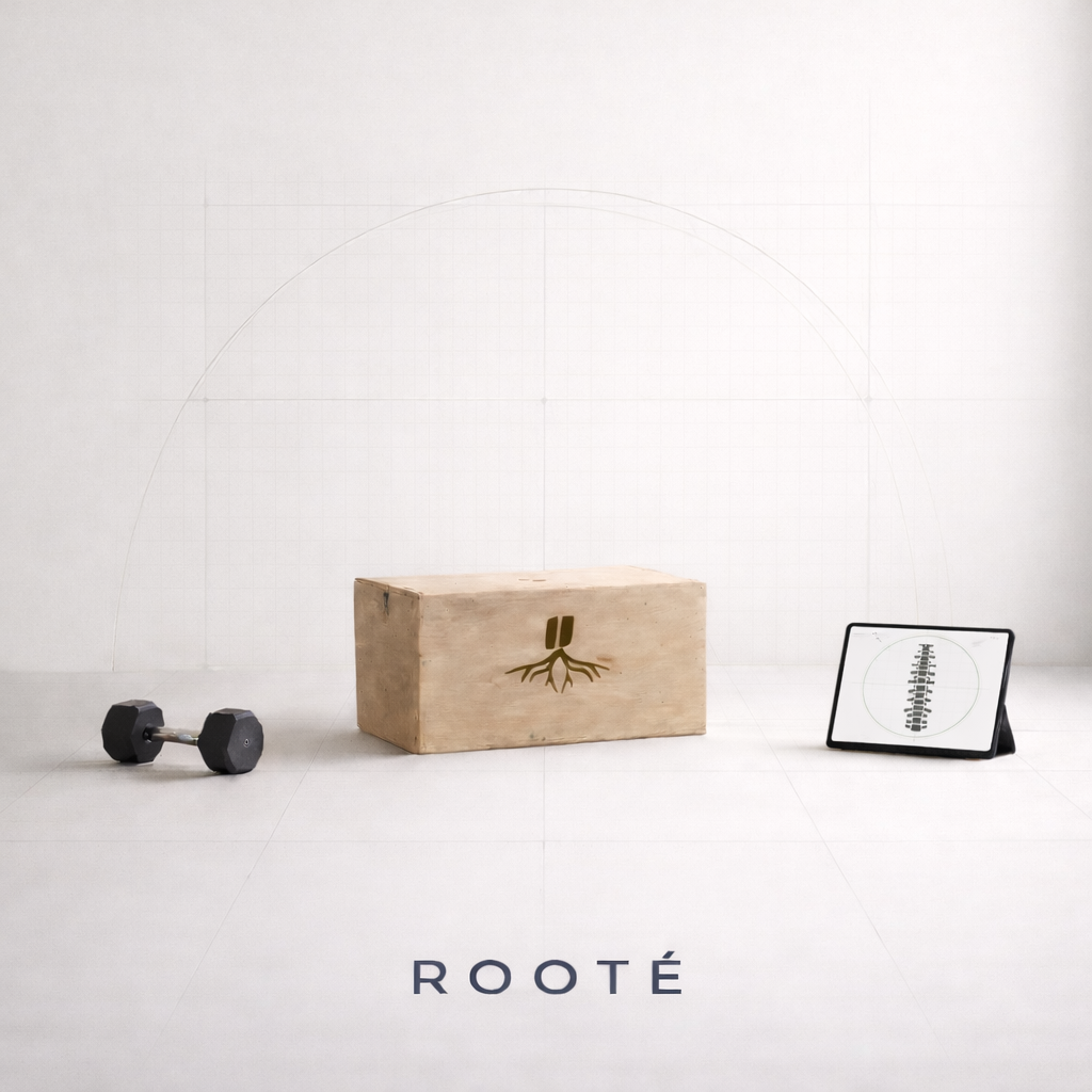 ROOTÉ Movement Assessment setup featuring structural plyo box with branded root mark, dumbbell, and tablet displaying spinal alignment analysis in a minimalist clinical environment.
