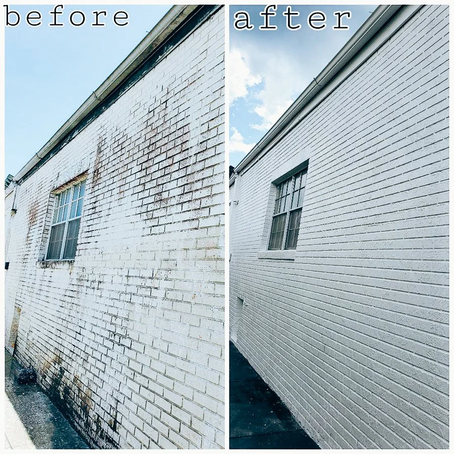 Comparison of a white brick building exterior before and after cleaning, showing removal of dirt and stains.