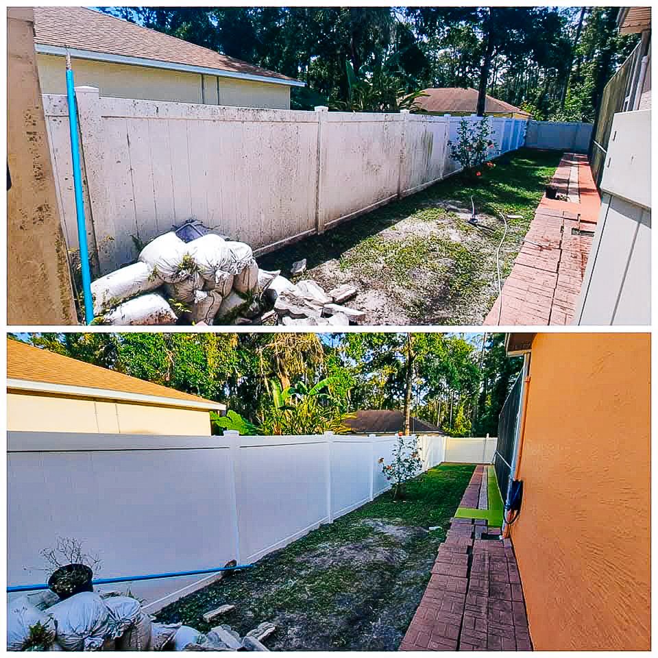 Comparison of a backyard fence before and after painting or replacement, showing an old, weathered fence in the top image and a new, white fence in the bottom image.