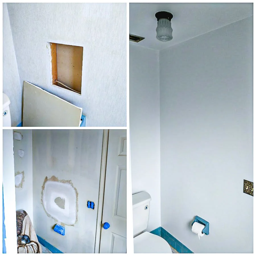 Bathroom remodel in progress, showing a hole in the wall, a partially completed wall with patching, and a toilet with a blue toilet paper holder.