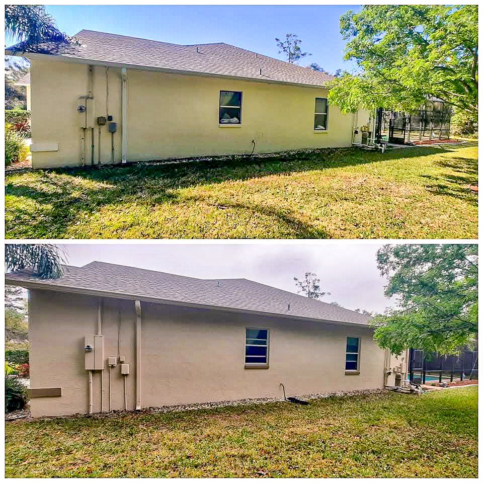 Comparison of the back of a house before and after being painted, showing the house's exterior wall in both images, with a tree and grass in the yard.