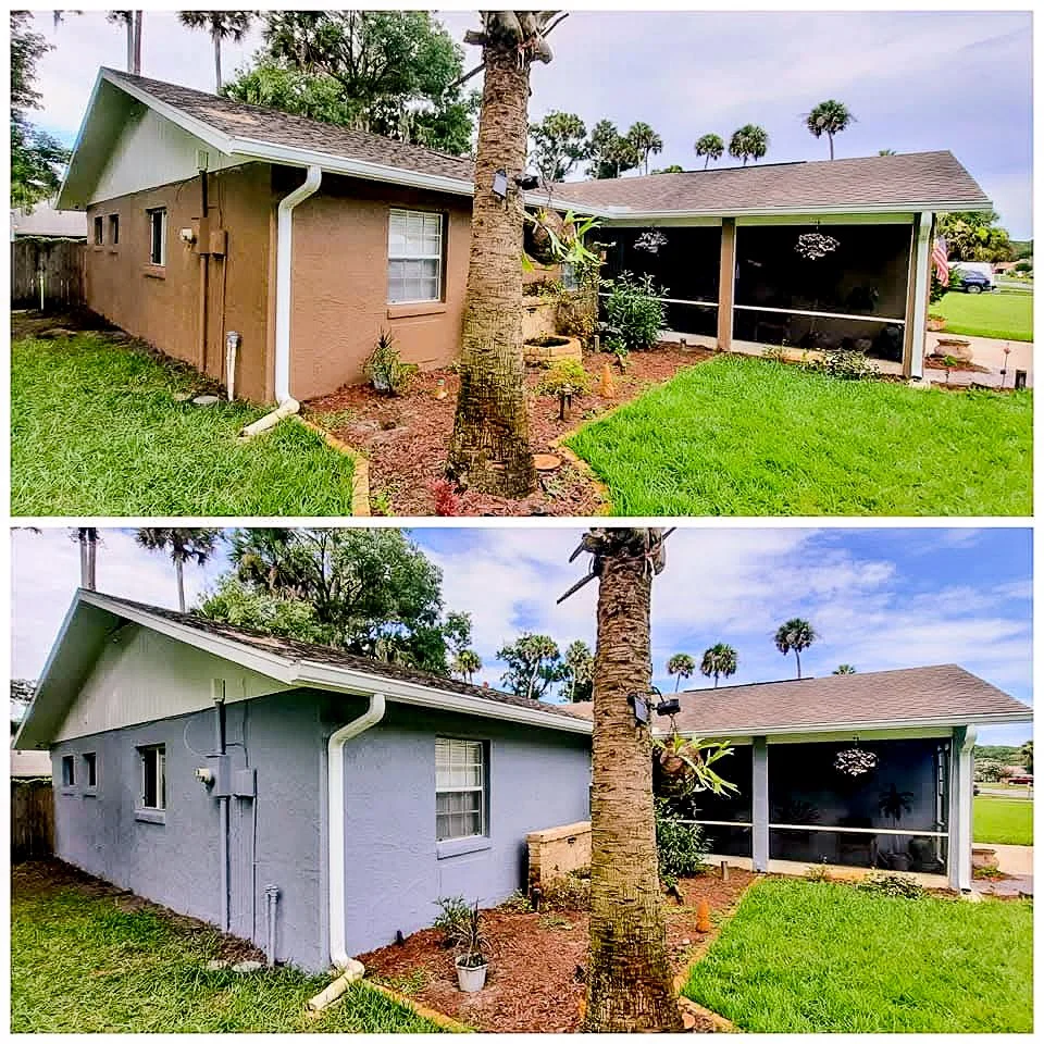 Side-by-side comparison of a house with a garden, before and after painting. The top image shows the house's exterior painted in light brown, and the bottom image shows it painted in light blue. Both images feature a tree in the yard and a screened p