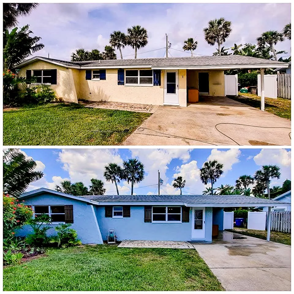 Comparison of the same house before and after being painted blue, with a backyard, palm trees, and a clear sky.