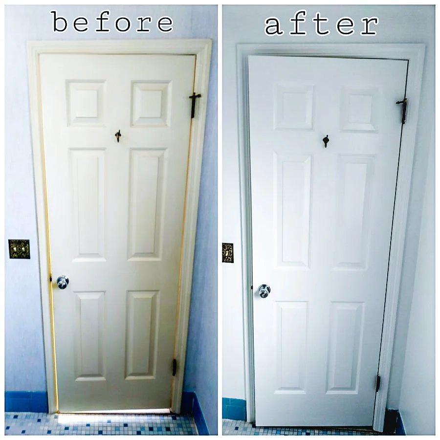 Comparison of a door before and after cleaning or painting, showing a noticeably cleaner and brighter appearance in the 'after' photo.