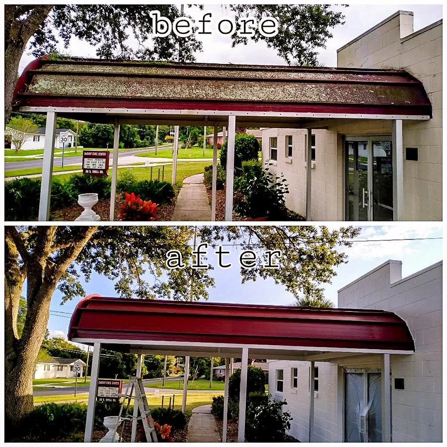 A side-by-side comparison of building front with overgrown moss and dirt on the awning roof in the top image labeled "before" and a clean, freshly painted red awning roof in the bottom image labeled "after."