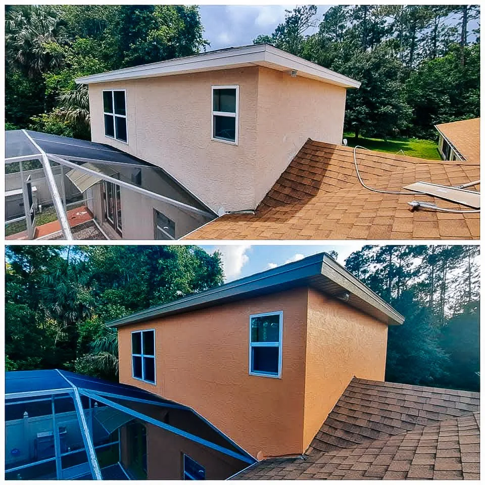 Comparison of a house before and after painting: top image shows the house's exterior wall painted in beige, bottom image shows the same wall painted in a light orange color.