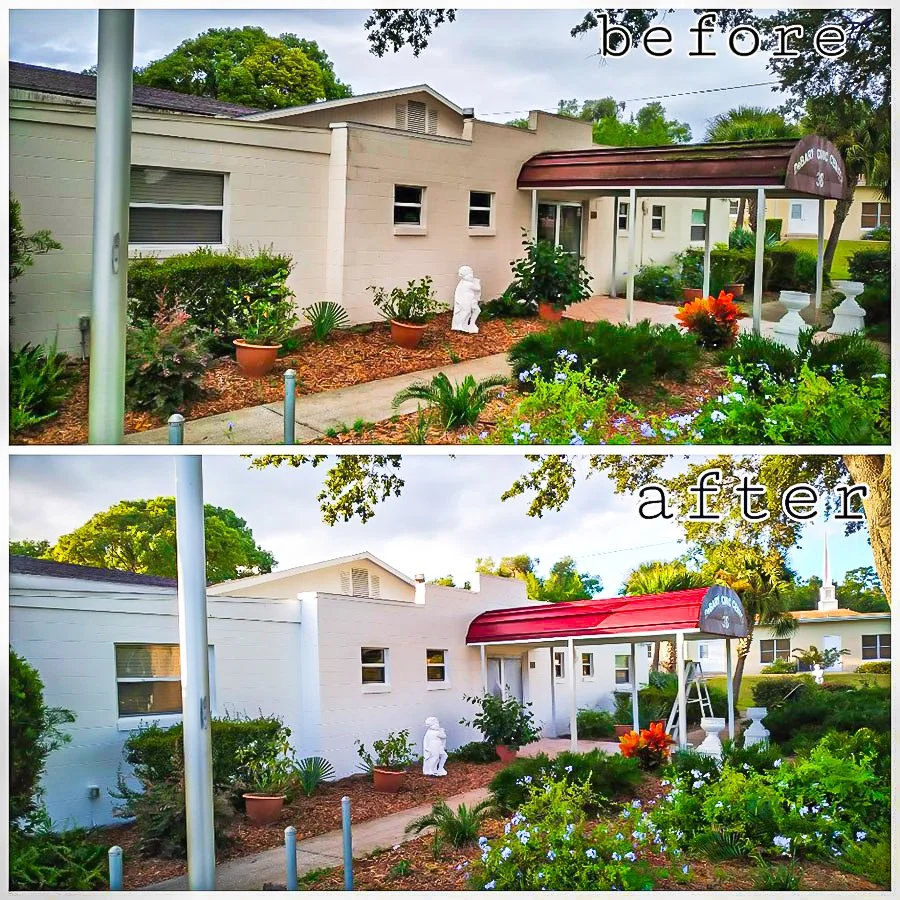 Comparison of the same building's exterior showing before and after renovation. The top image shows the building with a beige exterior, while the bottom image shows it painted white with a fresh look.