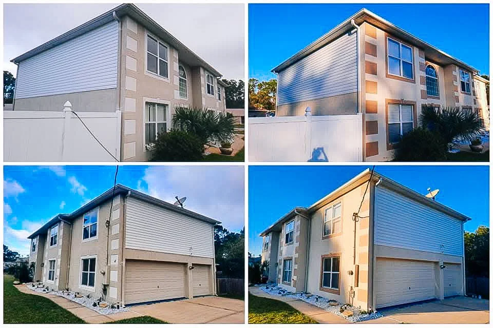 Four photos of a two-story residential house showcasing before and after renovations with different lighting and angles.