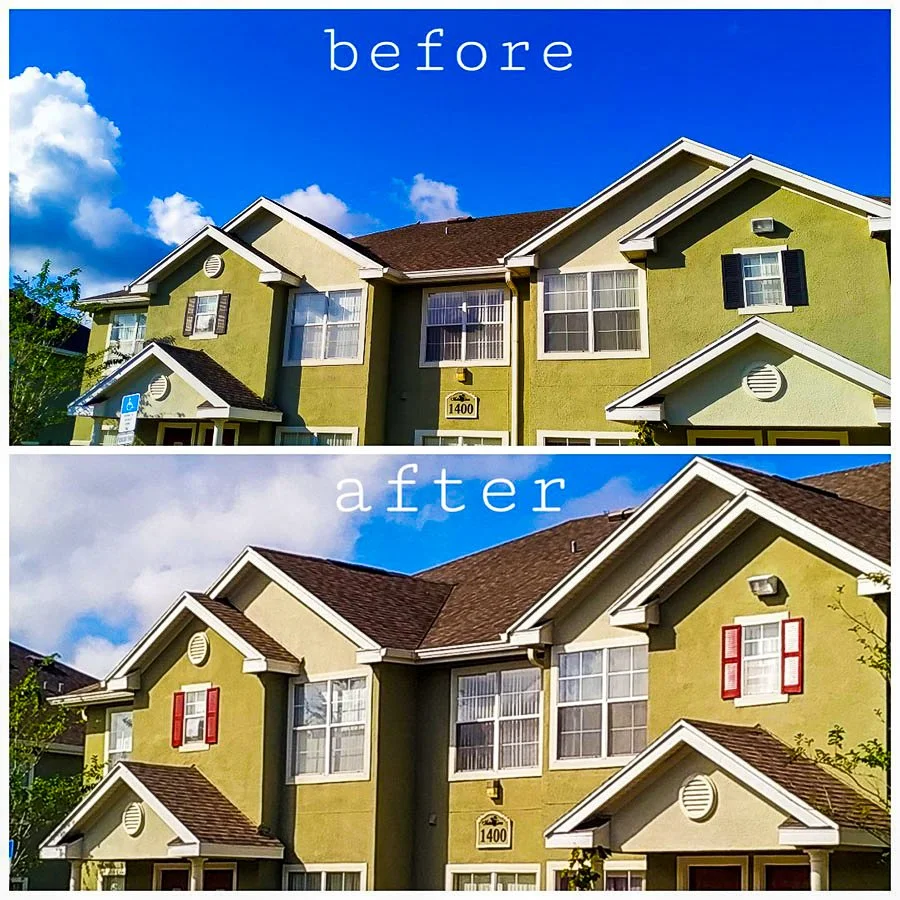Side-by-side comparison of a green house before and after adding red window shutters, with clear blue sky and clouds in the background.