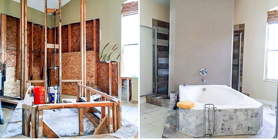 Comparison of a bathroom renovation: left side shows an unfinished bathroom with exposed wooden studs and construction materials, right side shows a completed bathroom with a tiled bathtub, tiled walls, and a window.