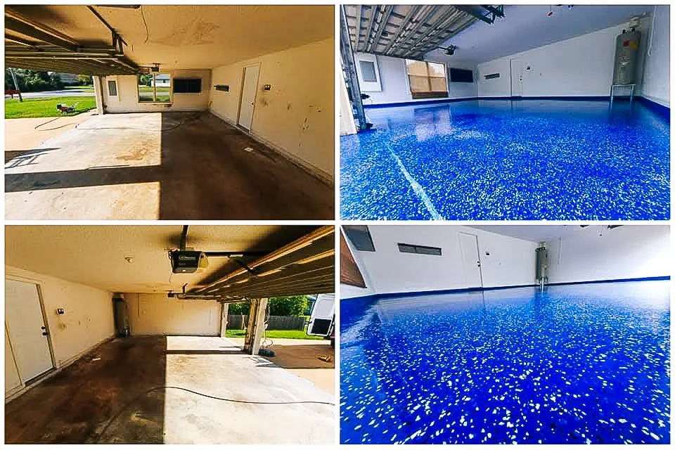 Comparison of garage space before and after it has been converted into an indoor swimming pool area.