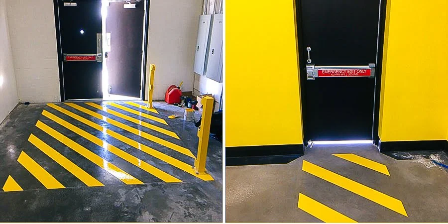 Side-by-side images of emergency exit doors with yellow and black striped floor markings, one door has a yellow column and the other is set in a yellow wall.