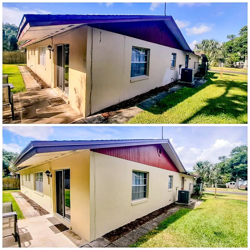 Comparison of a house exterior before and after painting. The top image shows the house with an orange-colored top section, while the bottom image shows it painted yellow with a red accent on the gable.