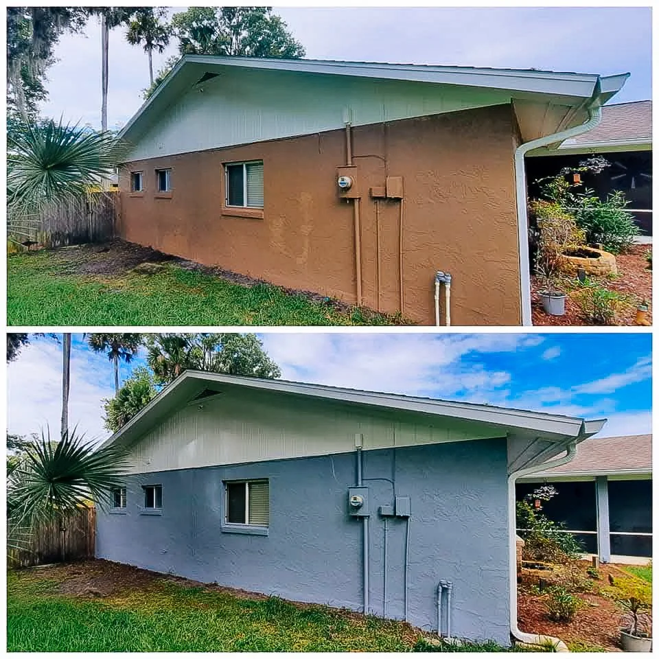 Comparison of the same house with one wall painted brown and the other painted light blue, showing different exterior colors.