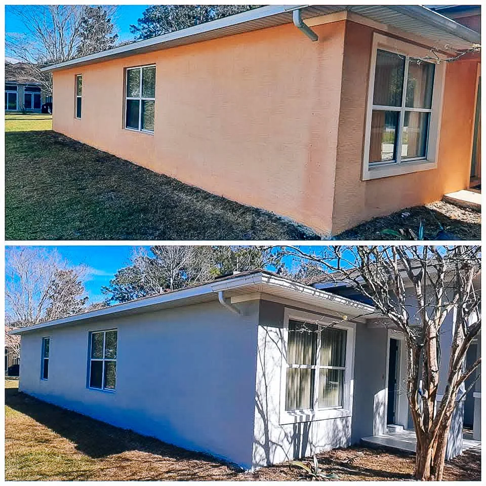 Comparison of a house exterior before and after painting, showing beige color to white color renovation.