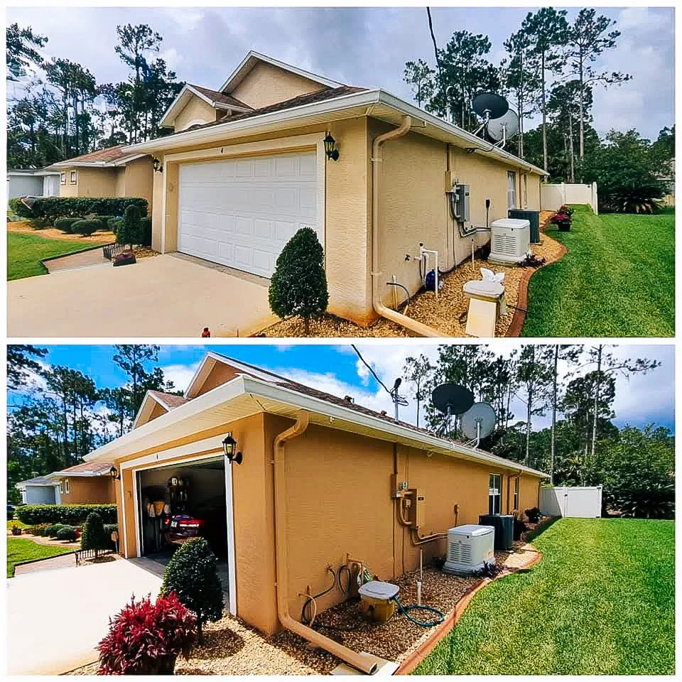 Side-by-side comparison of a house exterior before and after painting. The top image shows the house with a light yellow exterior, while the bottom image shows it painted a darker orange color. The driveway, shrubs, and outdoor equipment are visible 