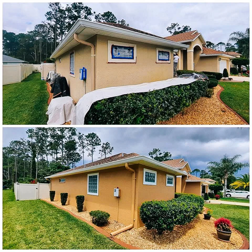 Side-by-side comparison of the same house before and after landscaping and exterior renovation. The house has a beige exterior, with the upper image showing it under construction with protective coverings on the windows and a tarp on the ground. The 