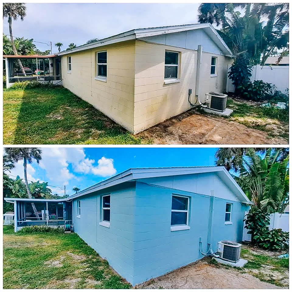 Side view of a house before and after exterior painting; top shows a house with beige siding, bottom shows the same house painted light blue, with a backyard, windows, and an air conditioning unit.