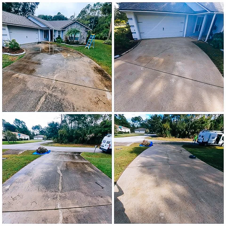 Sequence of four photos showing a driveway being cleaned or renovated, starting from dirty and wet in the top left, then clean and dry in the top right, with progress continuing in the bottom photos.