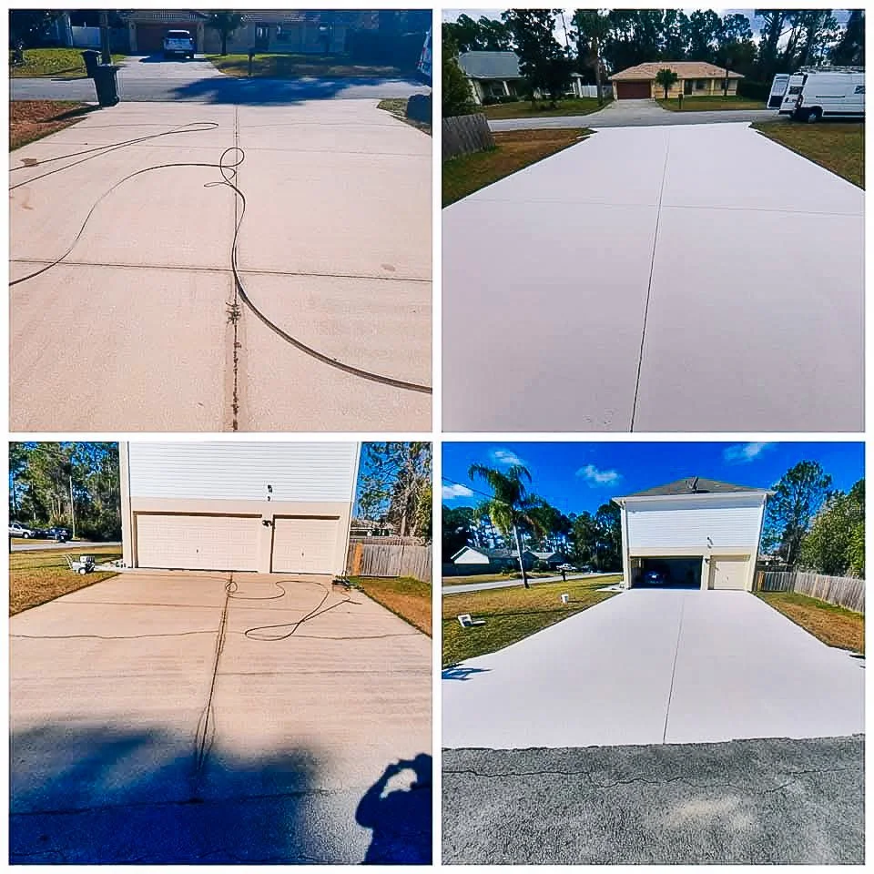 Sequence of four photos showing the process of refinishing a concrete driveway. The first photo shows the driveway before cleaning with power cords and water hoses on it. The second photo shows the driveway after it has been cleaned and freshly paint