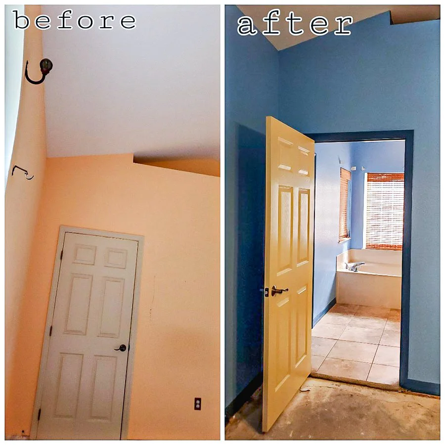 A side-by-side comparison of a room before and after renovation. The left shows a room with peach walls, a white door, and exposed hooks on the wall. The right shows the same room after renovation with blue walls, a yellow door, and a view of a tiled