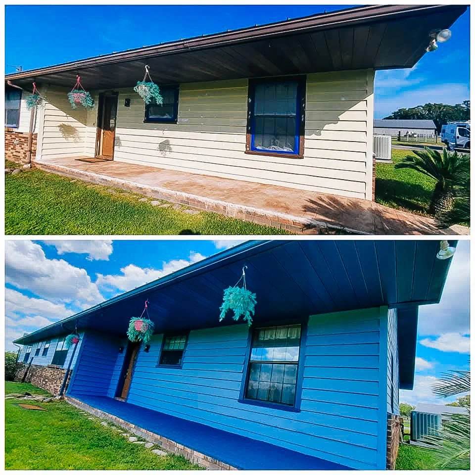 Comparison of a house before and after a fresh coat of bright blue paint, with hanging plants on the porch and a lawn in the background.