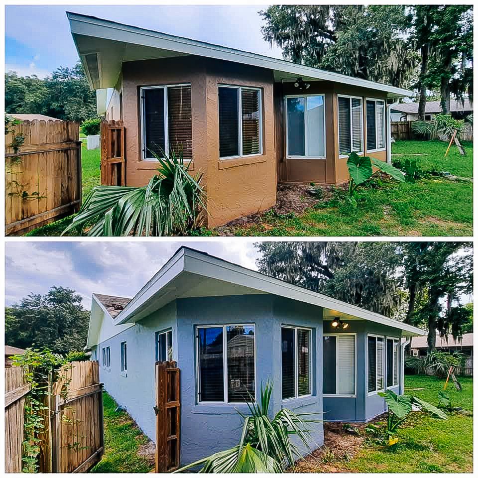 Before and after images of a house painted, with the before showing a brown color and the after showing a light blue color.
