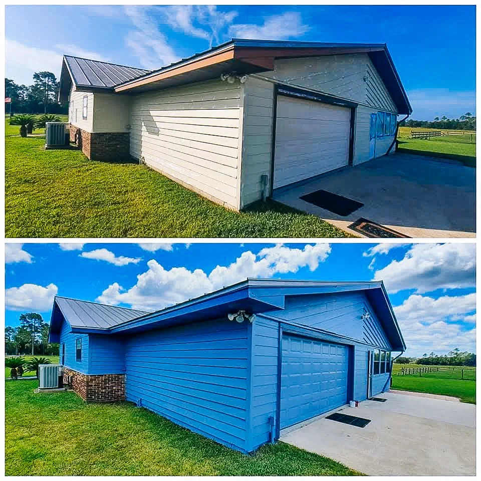 Comparison of a house exterior before and after being painted blue.