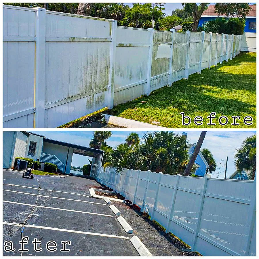 Side-by-side comparison of a white vinyl fence before and after cleaning. The "before" photo shows the fence covered with green moss and dirt, while the "after" photo shows the fence clean and bright.
