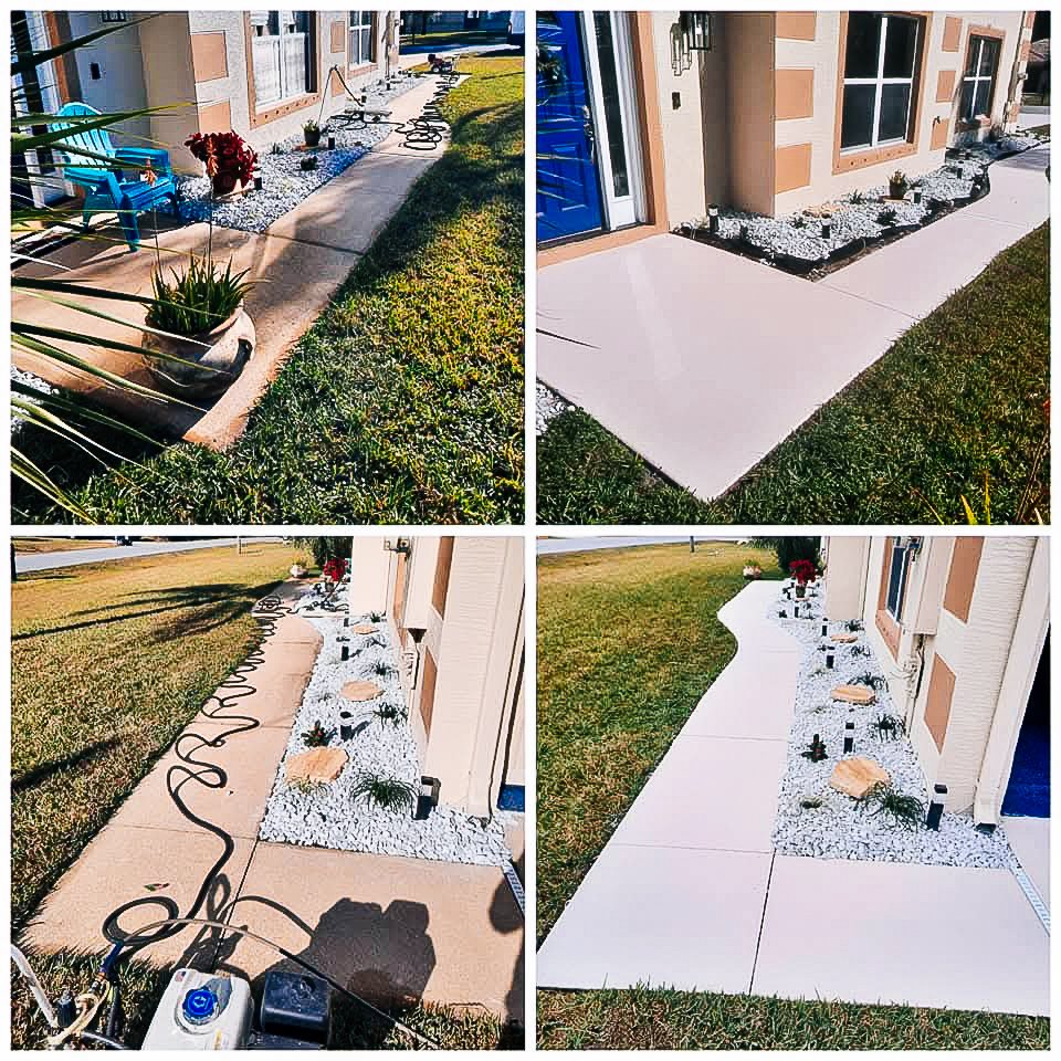 A collage of four photos showing a before and after transformation of a home's front yard walkway. The top left and bottom left images show the yard before the makeover, with a grassy area and a concrete walkway with a hose and gardening tools. The t
