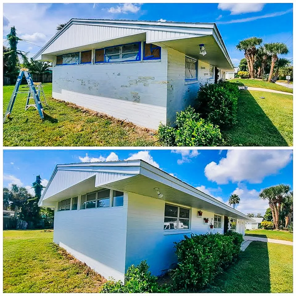 Before and after photos of a house exterior showing it being painted or renovated, with the second image displaying a cleaner, brighter look.