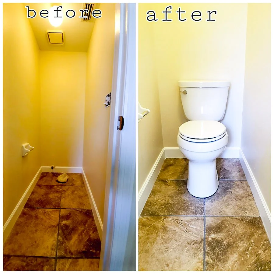 Side-by-side comparison of a small, empty, unfinished closet with a hole in the wall and no fixtures on the left, and a finished bathroom with a white toilet and tiled floor on the right. The words "before" and "after" are displayed at the top.