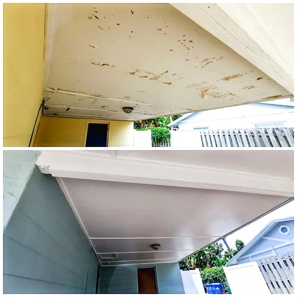 Side-by-side comparison of a garage ceiling before and after cleaning and repainting. The top image shows a stained, dirty ceiling with peeling paint, while the bottom image shows a clean, freshly painted ceiling.