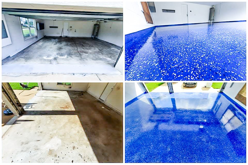 Comparison of garage floors before and after polishing. Top left and bottom left show unfinished concrete floors, while top right and bottom right show shiny, polished blue epoxy coated floors.