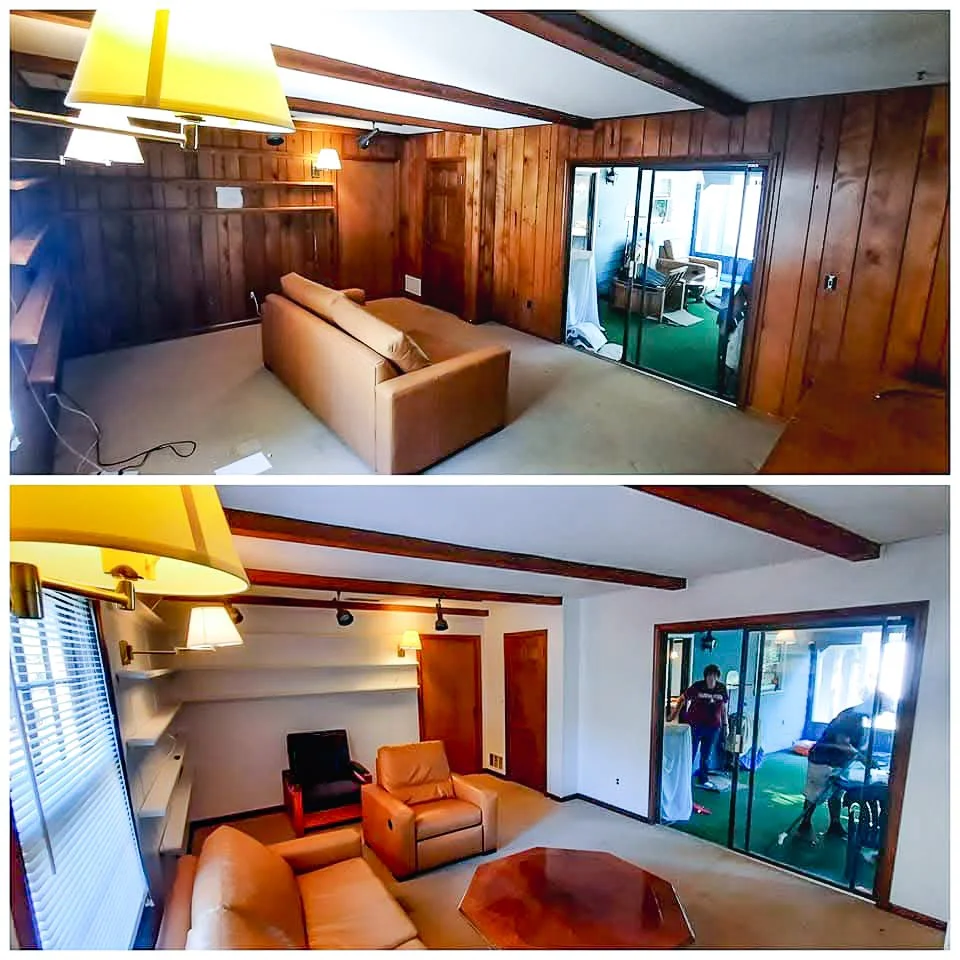 Comparison of a living room before and after renovation. The top image shows a room with wood-paneled walls, a brown couch, a yellow lampshade, and a sliding door leading to a porch. The bottom image reveals a transformed room with white painted walls, modern lighting, a brown sofa, a single armchair, a coffee table, and the same porch sliding door.