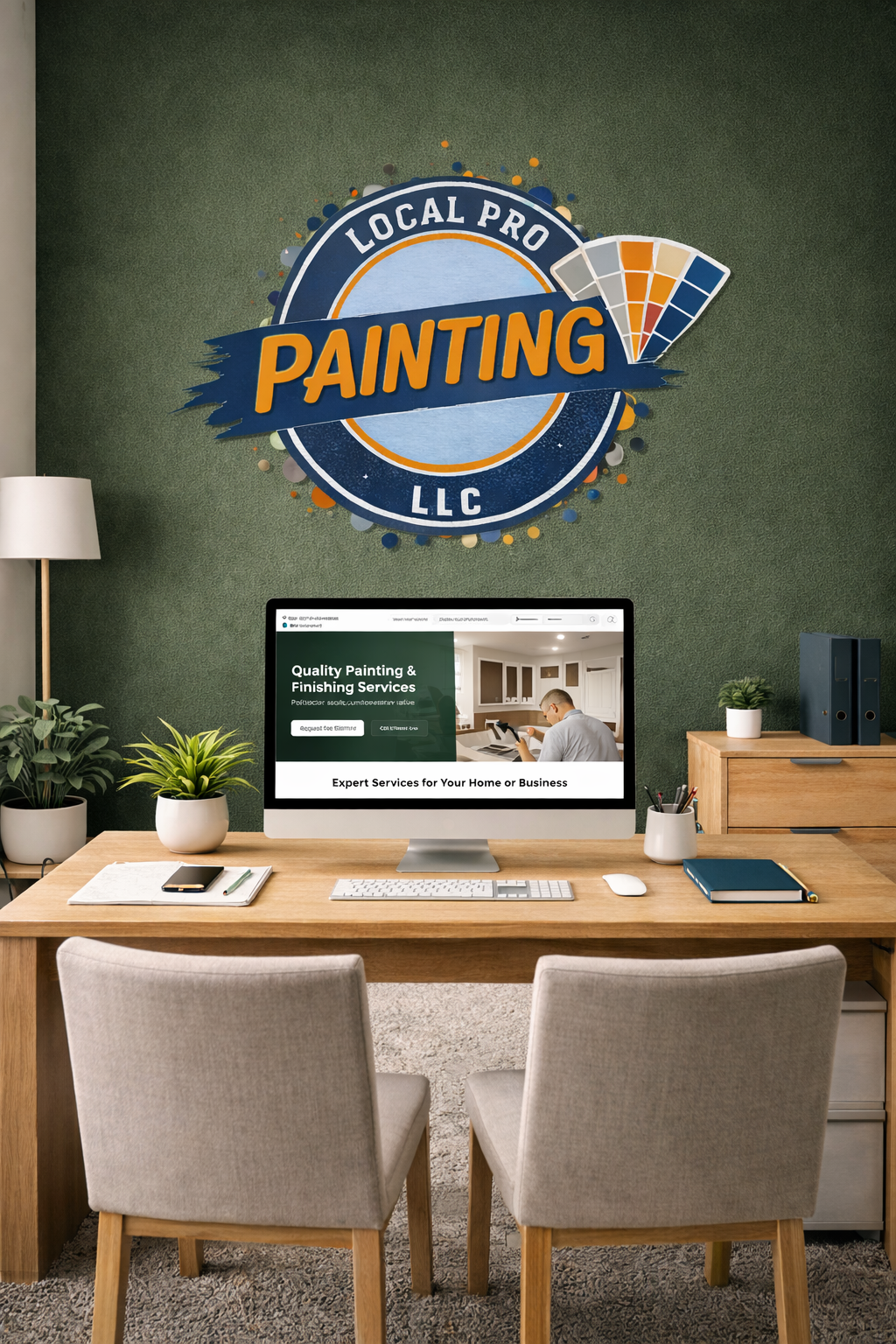 A cozy workspace with a wooden desk, two beige chairs, a computer monitor displaying a painting and finishing services website, potted plants, and a large wall sign that says 'Local Pro Painting LLC' above the desk.