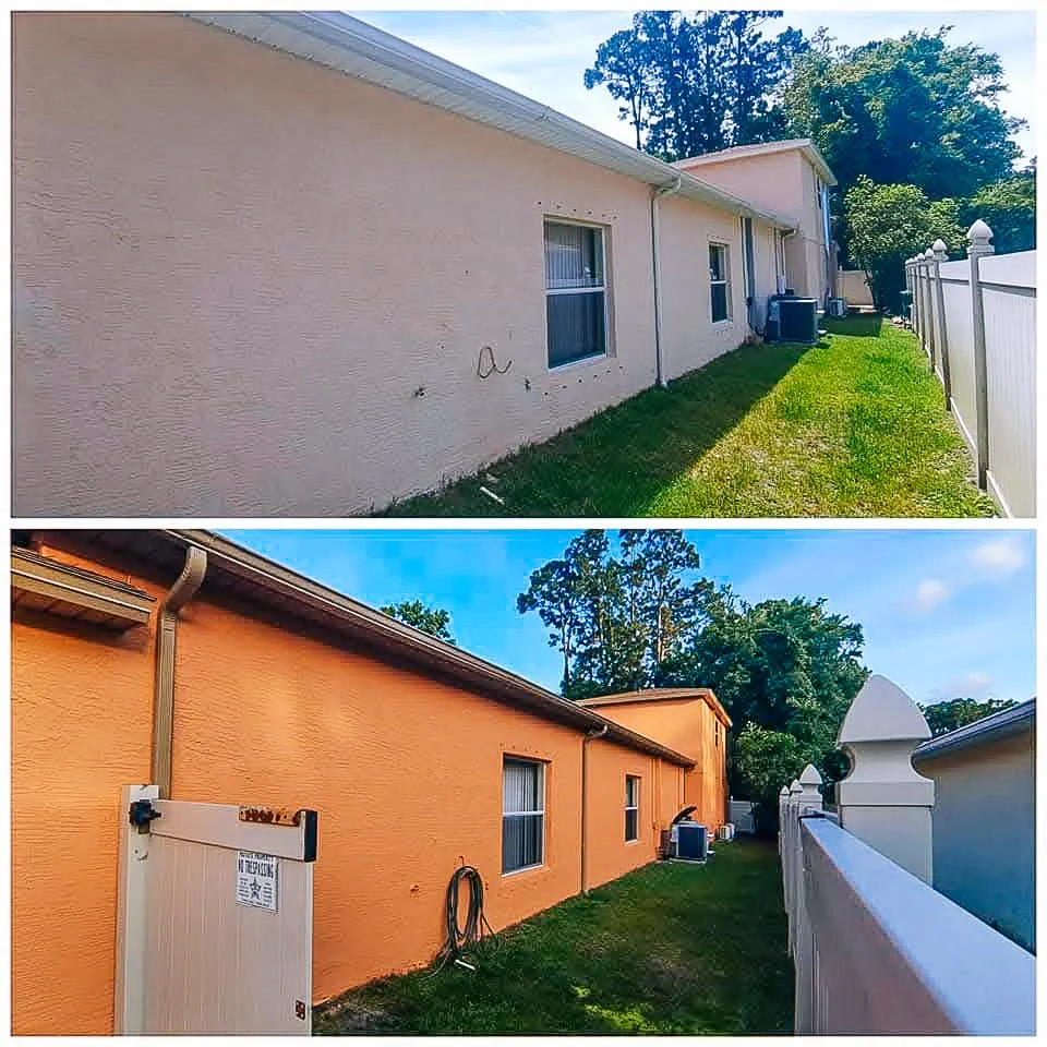 Comparison of the same house exterior before and after painting, showing a beige wall in the top photo and a fresh orange paint in the bottom photo, with a white fence running alongside and trees in the background.
